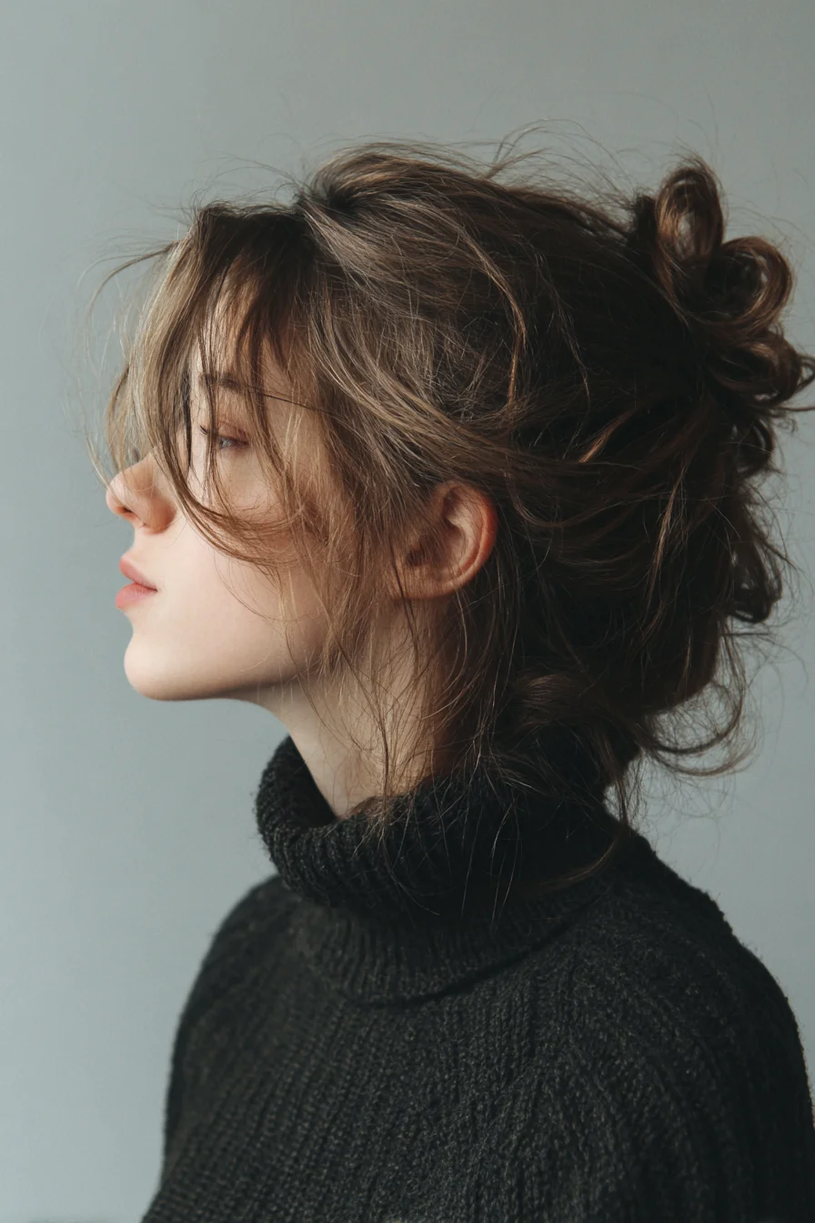 Textured Messy Low Bun with Curtain Bangs