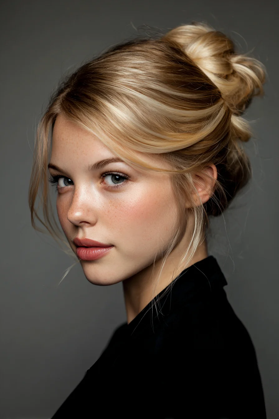Textured Messy Low Bun with Soft Face‑Framing Layers