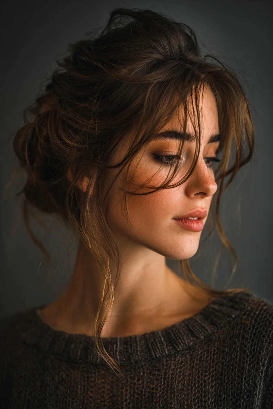 Textured Messy Low Updo with Face‑Framing Tendrils and Curtain Bangs