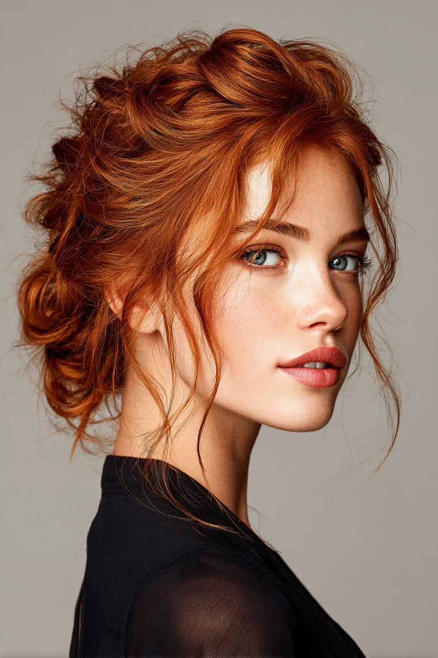 Textured Messy Low Updo with Face‑Framing Tendrils