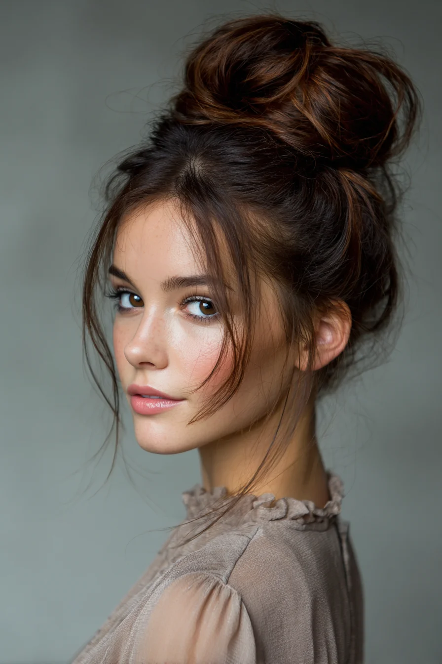 Textured Messy Top Knot Bun with Face‑Framing Pieces