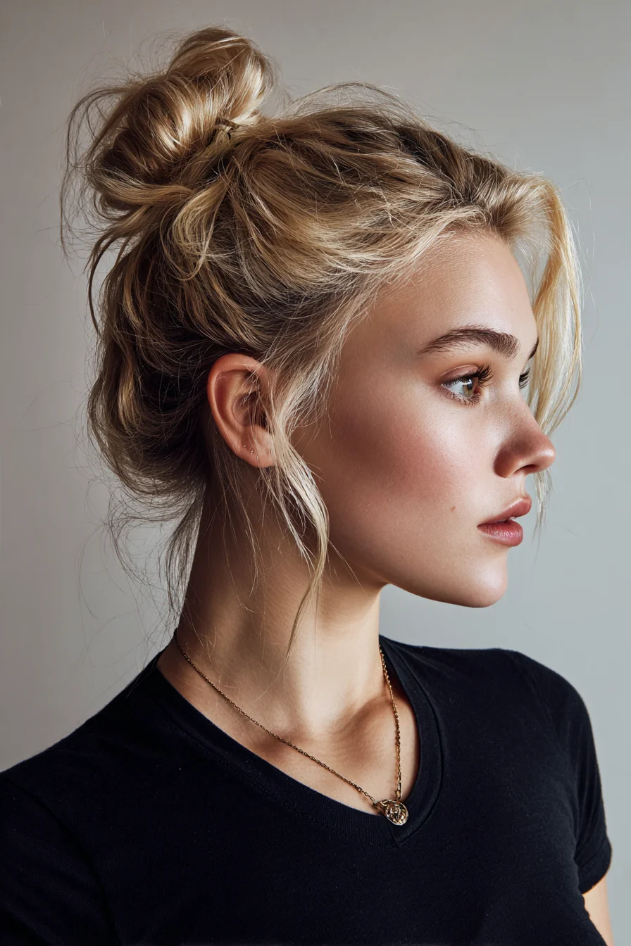 Textured Messy Top-Knot Bun with Face‑Framing Tendrils