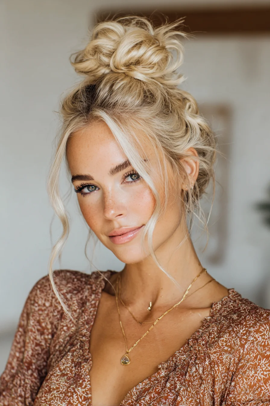 Textured Messy Top Knot Bun with Face‑Framing Tendrils
