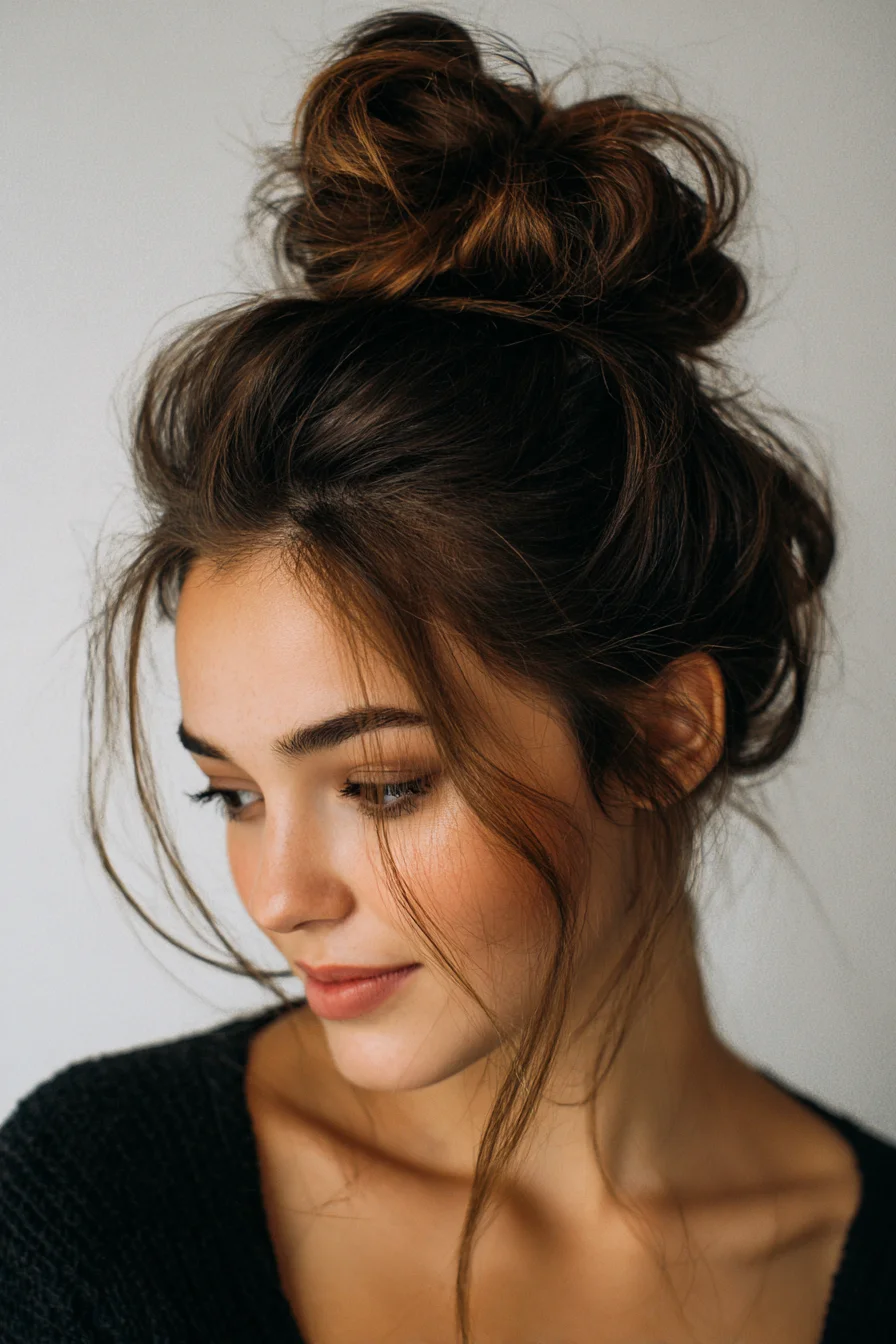 Textured Messy Top Knot Bun with Soft Face‑Framing Pieces