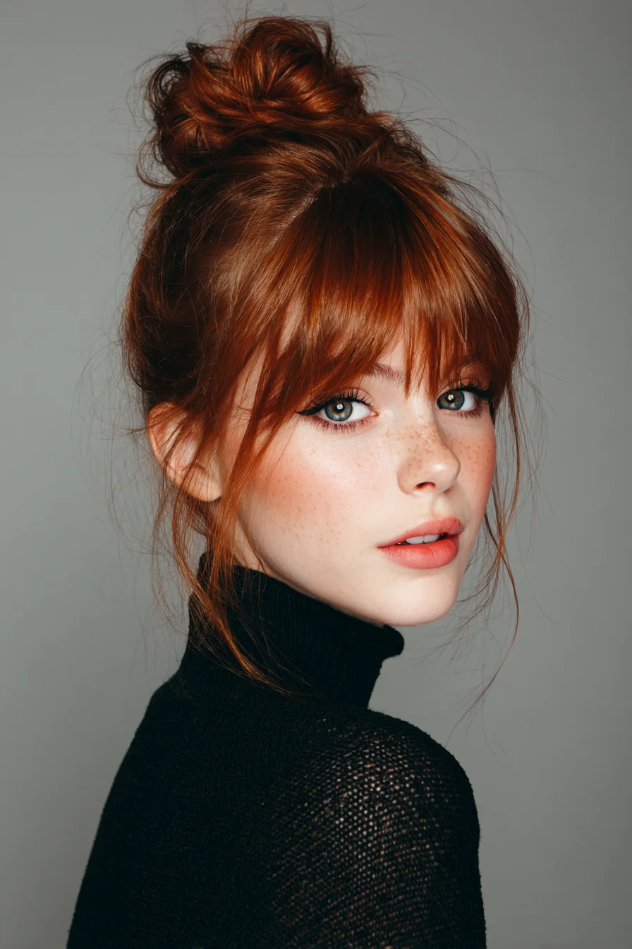 Textured Messy Top Knot with Curtain Bangs and Face‑Framing Strands