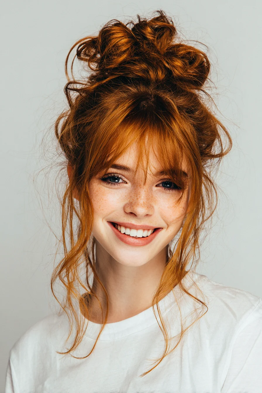 Textured Messy Top Knot with Face‑Framing Pieces and Curtain Bangs