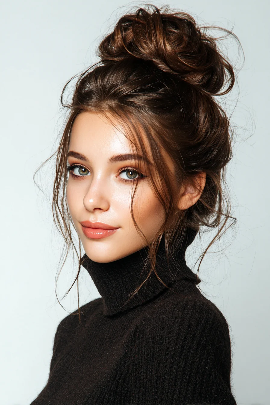 Textured Messy Top Knot with Face‑Framing Tendrils