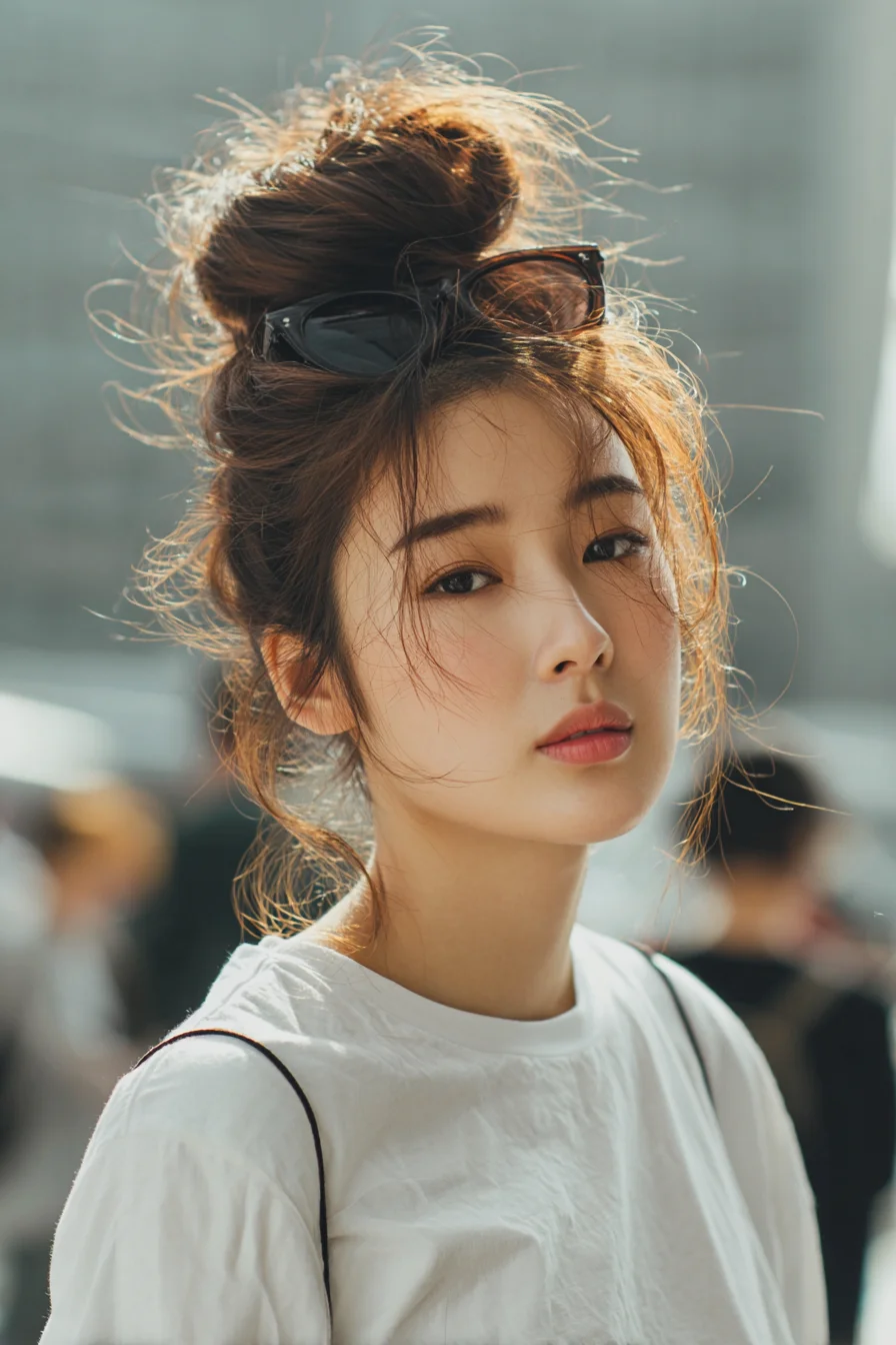 Textured Messy Top Knot with Soft Face‑Framing Pieces