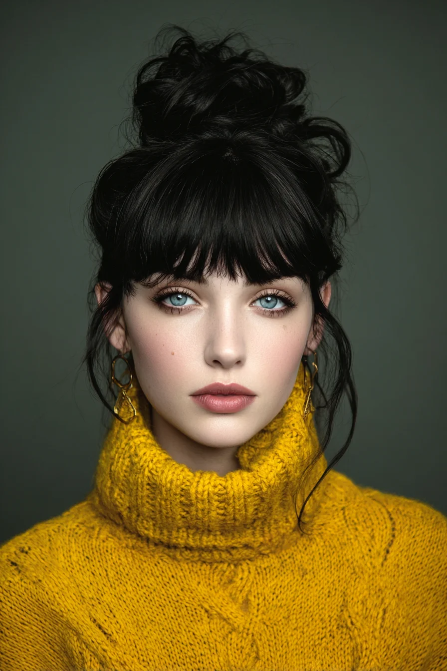 Textured Messy Top Knot with Wispy Blunt Bangs