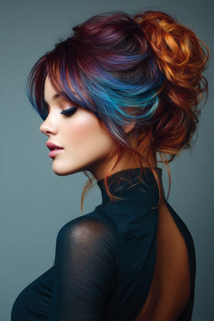 Textured Messy Updo with Bold Multi‑Colored Highlights