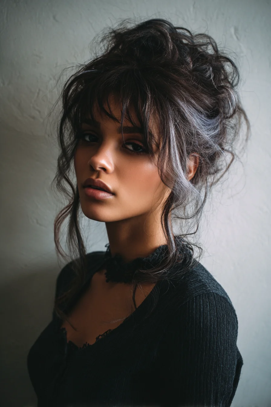 Textured Messy Updo with Curtain Bangs and Face‑Framing Tendrils