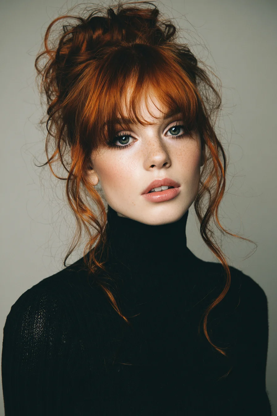 Textured Messy Updo with Curtain Bangs — Tousled High Bun for Wavy or Curly Hair