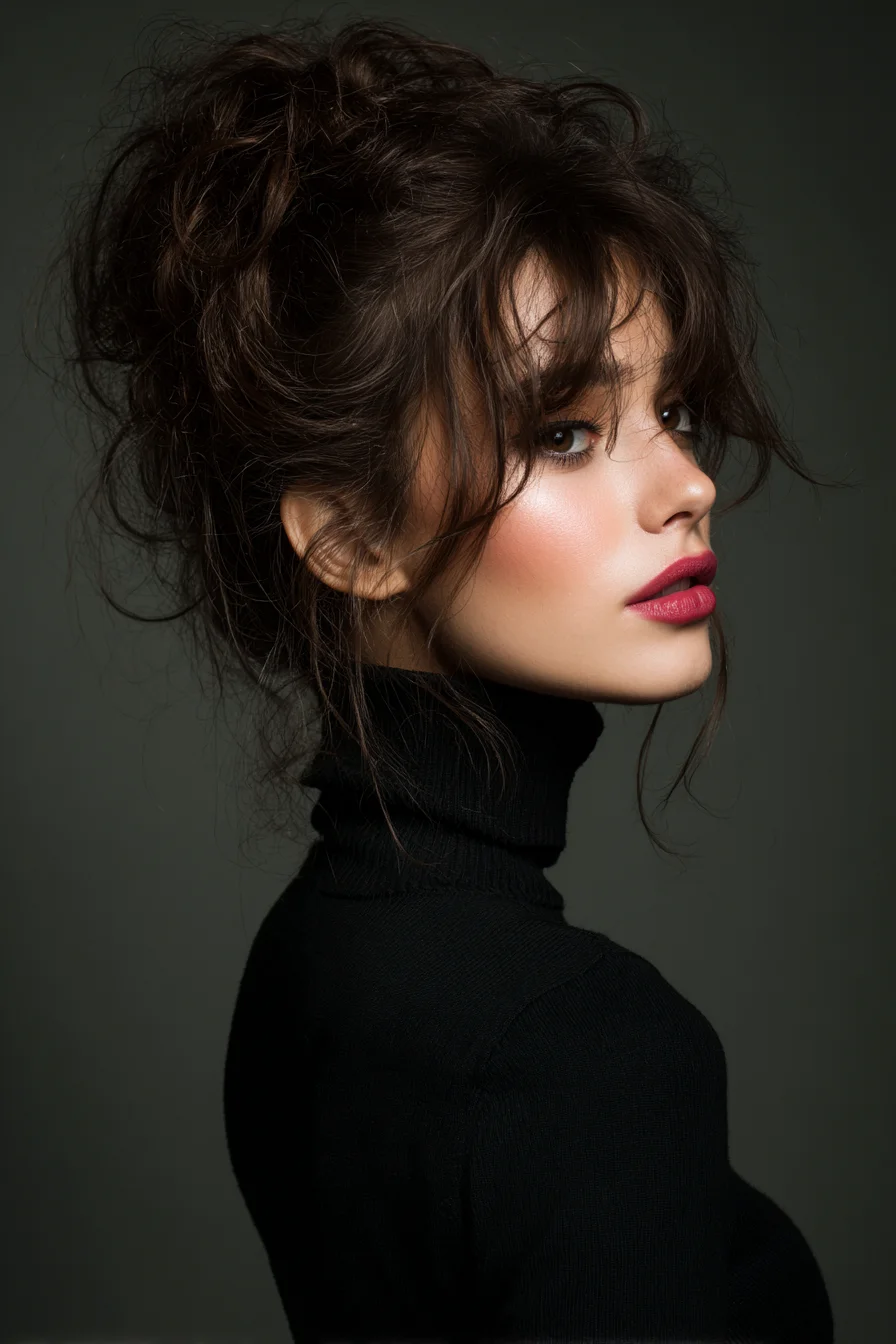 Textured Messy Updo with Curtain Bangs — Tousled Voluminous Bun