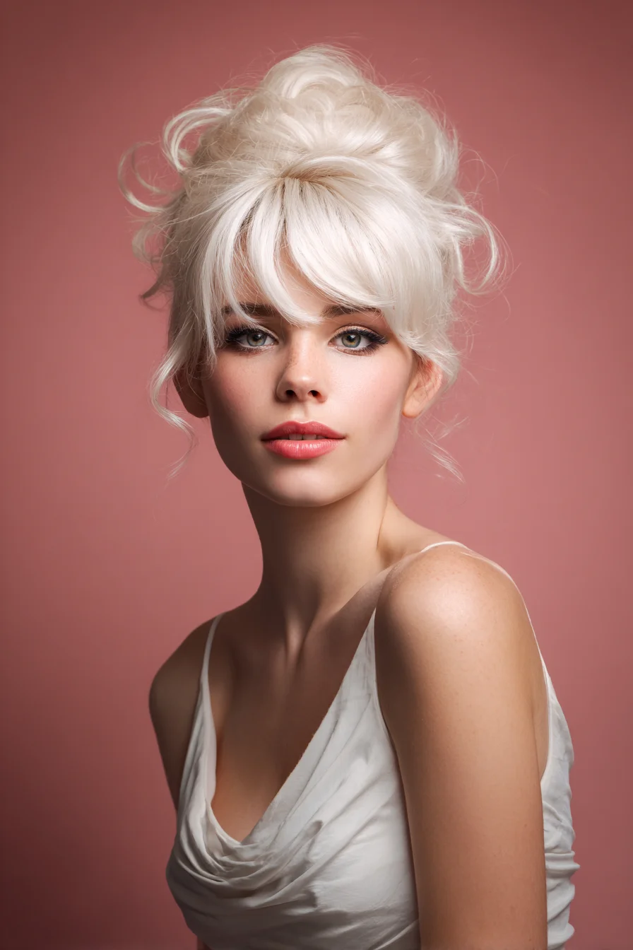 Textured Messy Updo with Curtain Bangs — Voluminous Romantic Bun