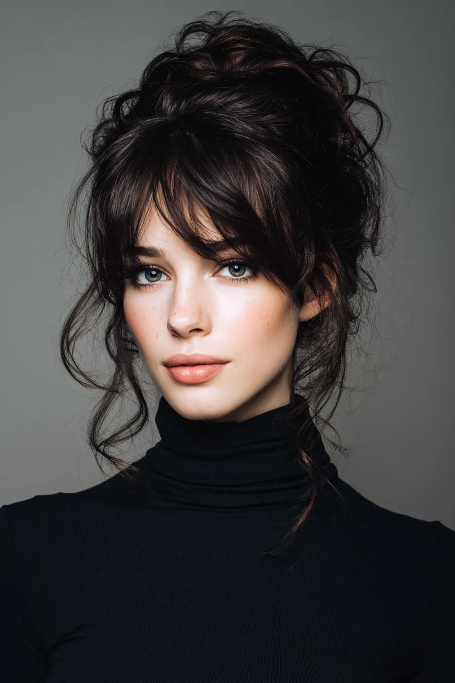 Textured Messy Updo with Curtain Bangs - Voluminous Romantic Style