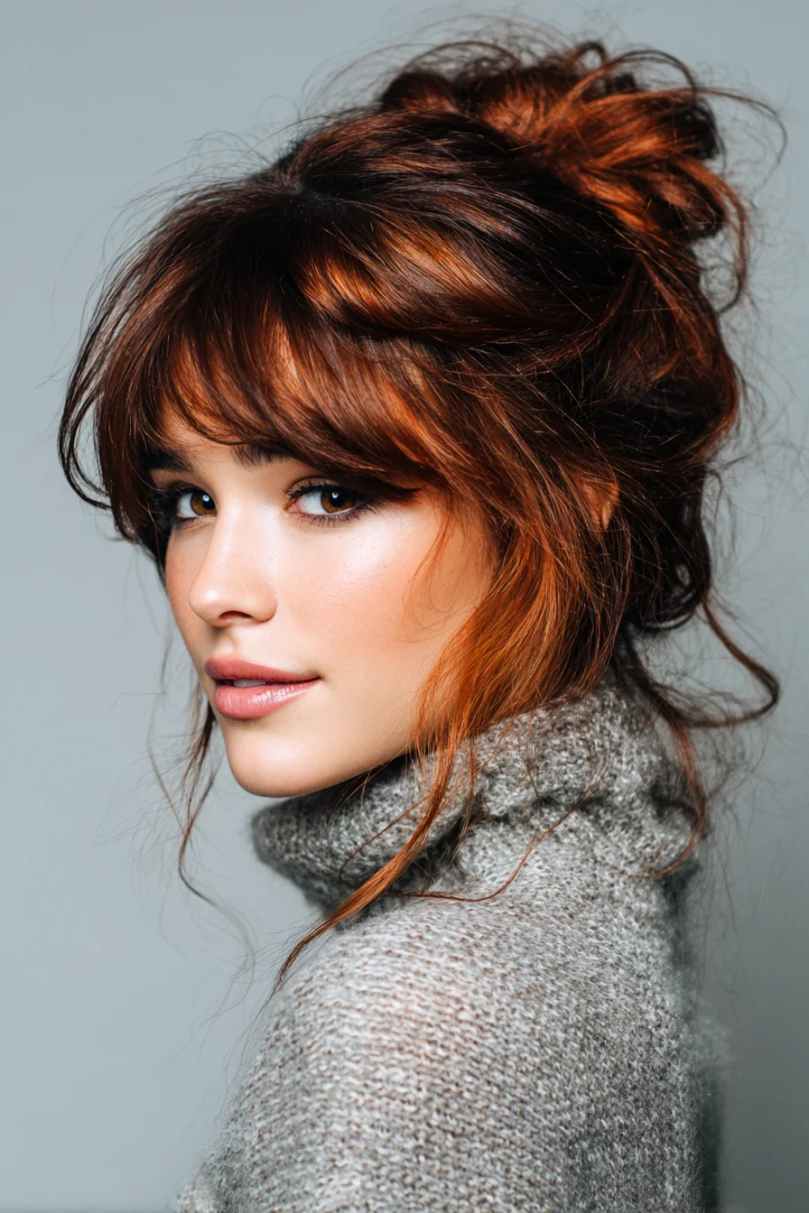 Textured Messy Updo with Curtain Bangs