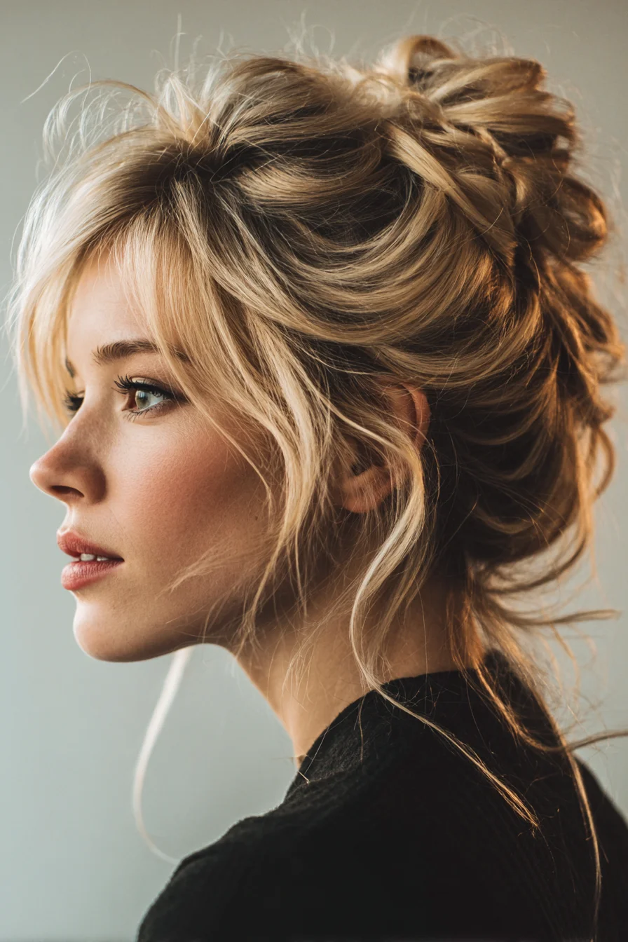 Textured Messy Updo with Face‑Framing Layers and Soft Bangs
