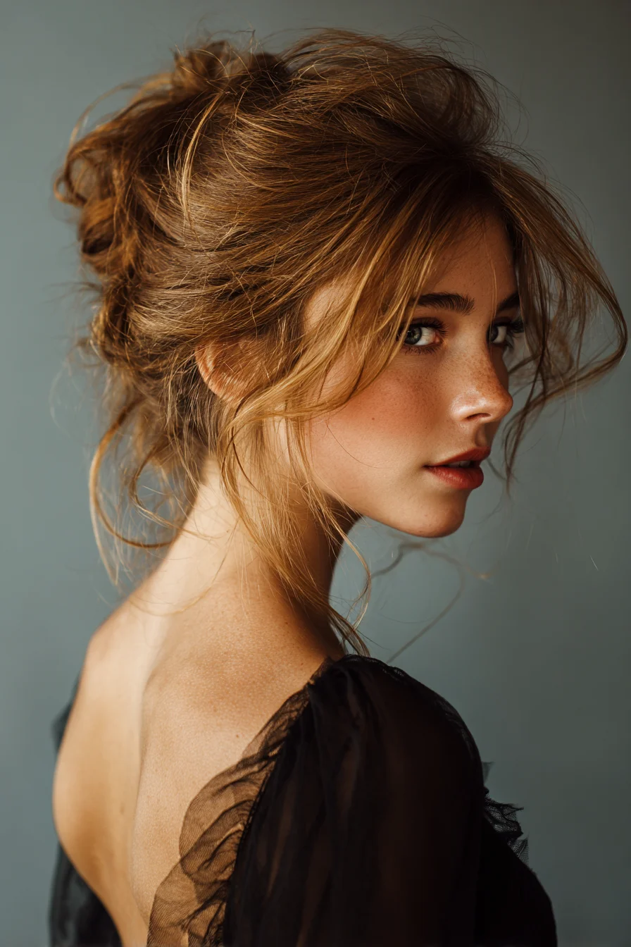 Textured Messy Updo with Face‑Framing Tendrils