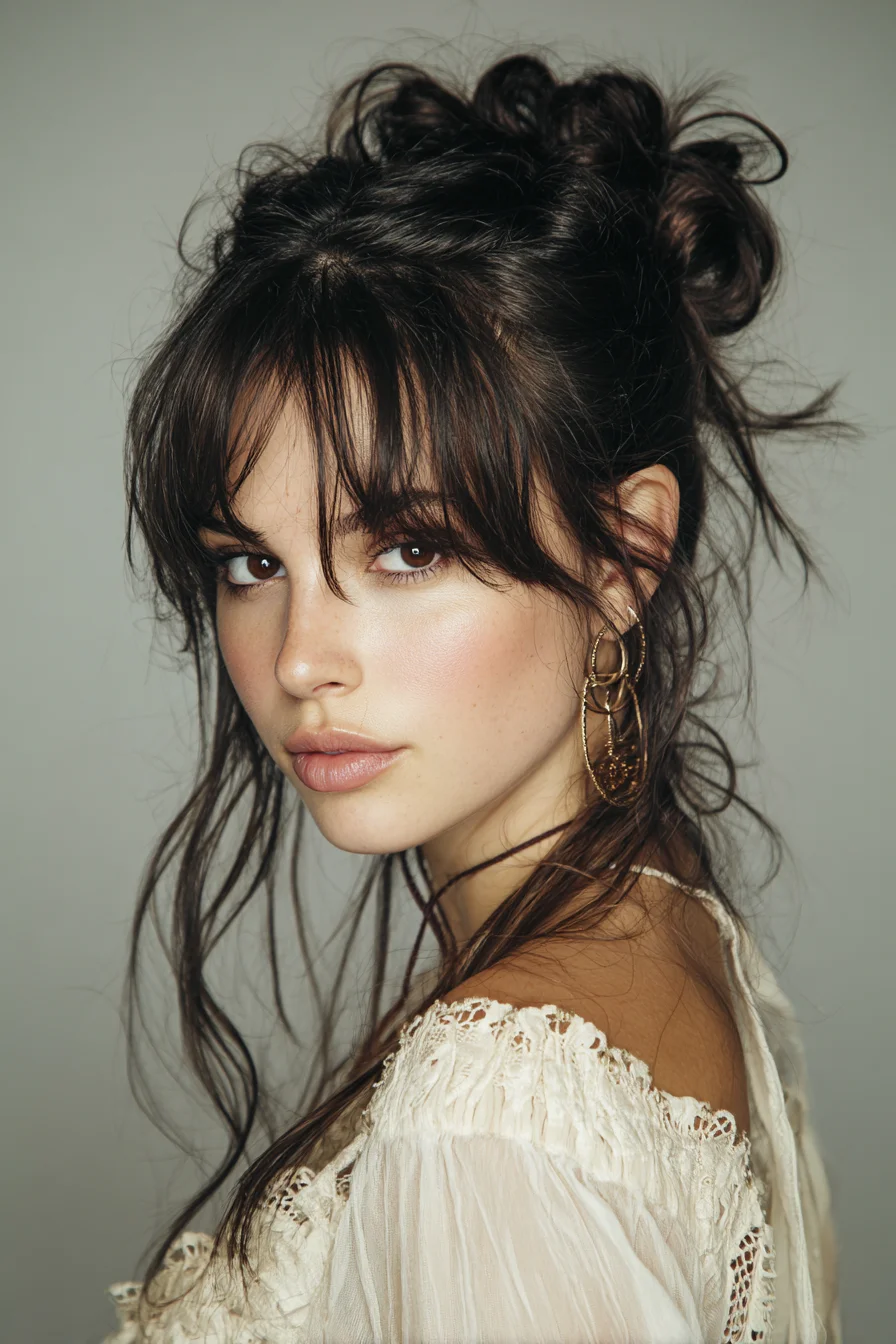 Textured Messy Updo with Wispy Curtain Bangs and Face‑Framing Tendrils