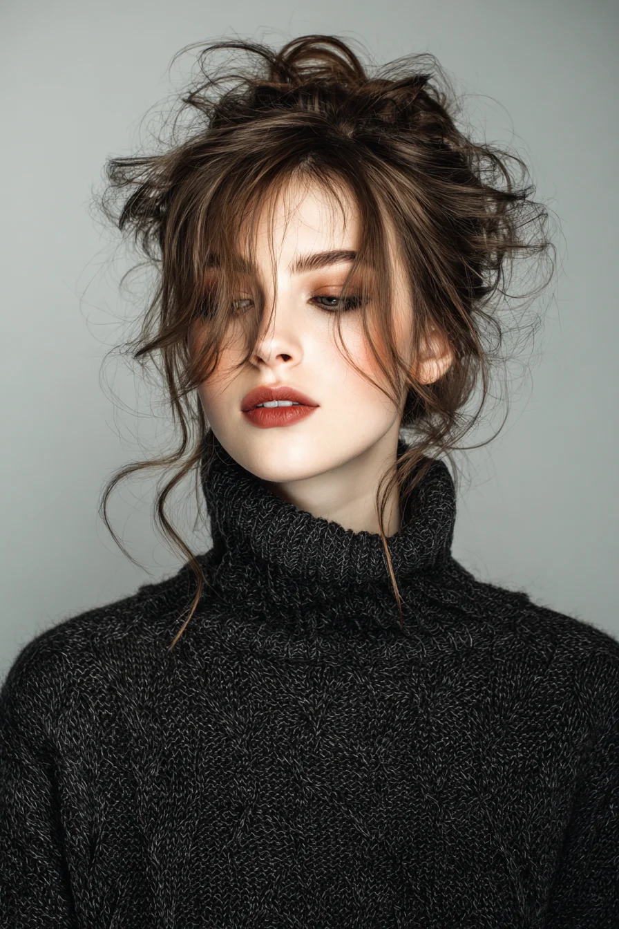 Textured Messy Updo with Wispy Face‑Framing Tendrils