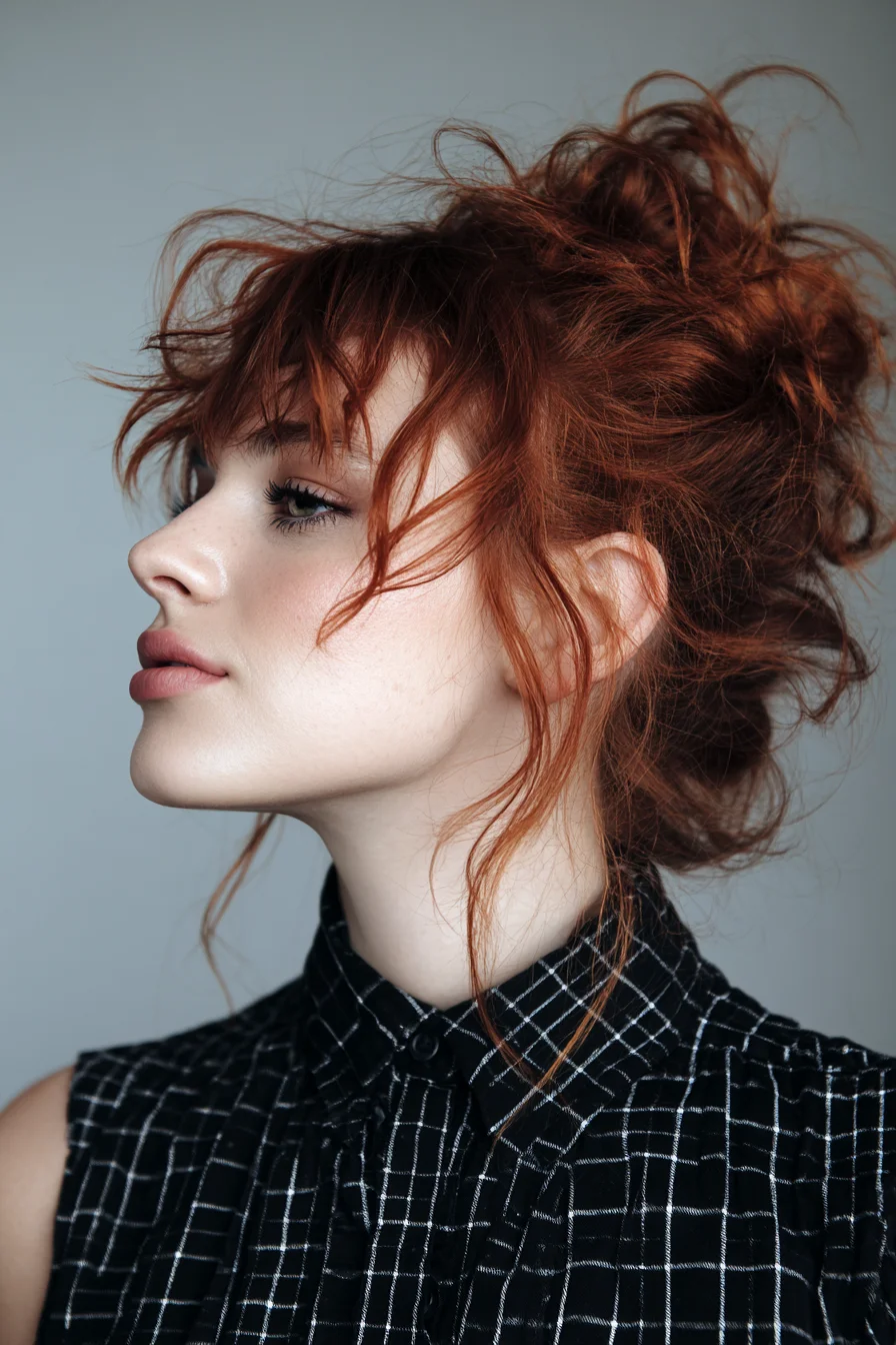 Textured Messy Updo with Wispy Fringe — Tousled Updo for Wavy/Curly Hair