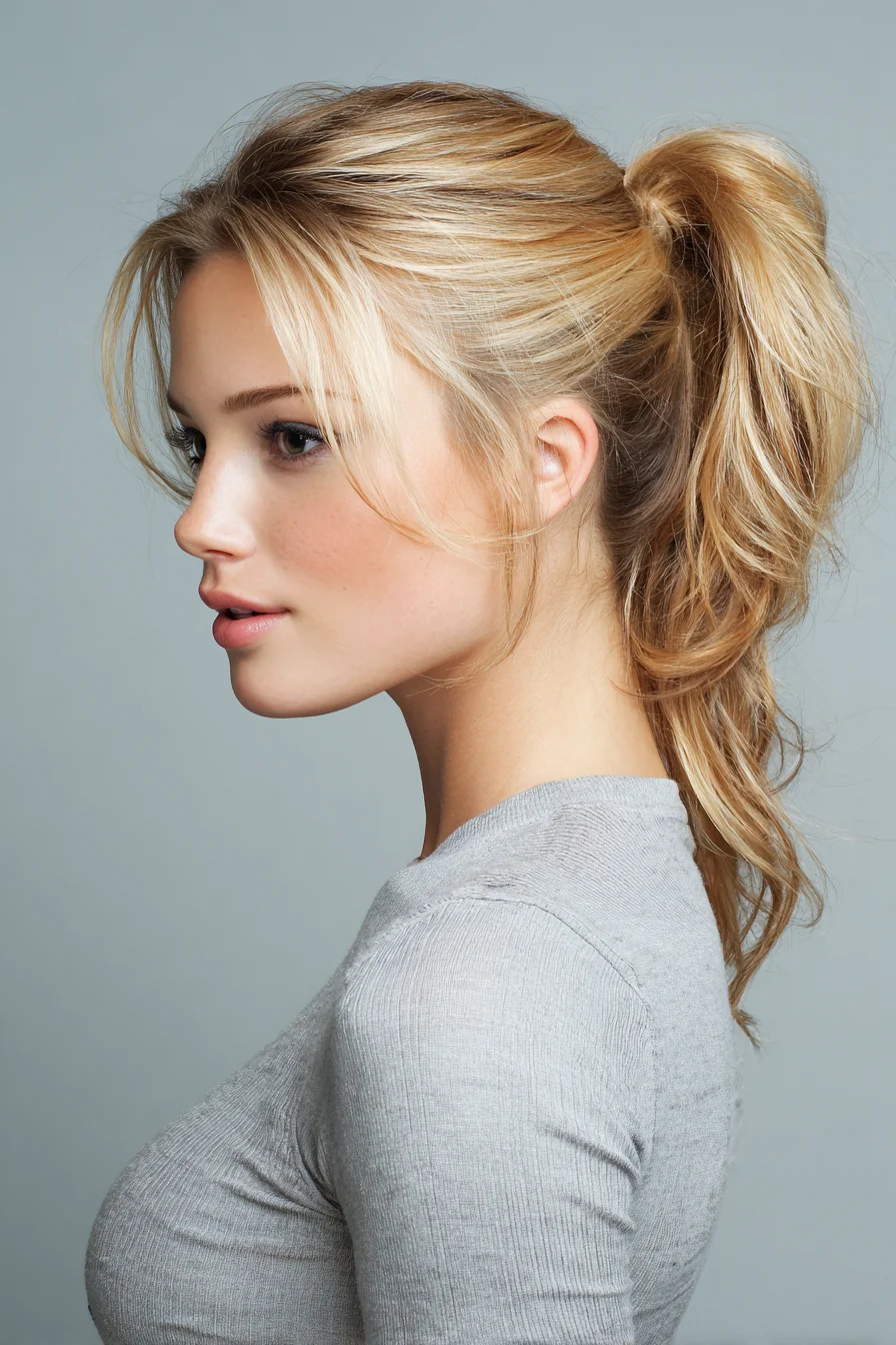Textured Mid-High Ponytail with Curtain Bangs — Voluminous Tousled Style