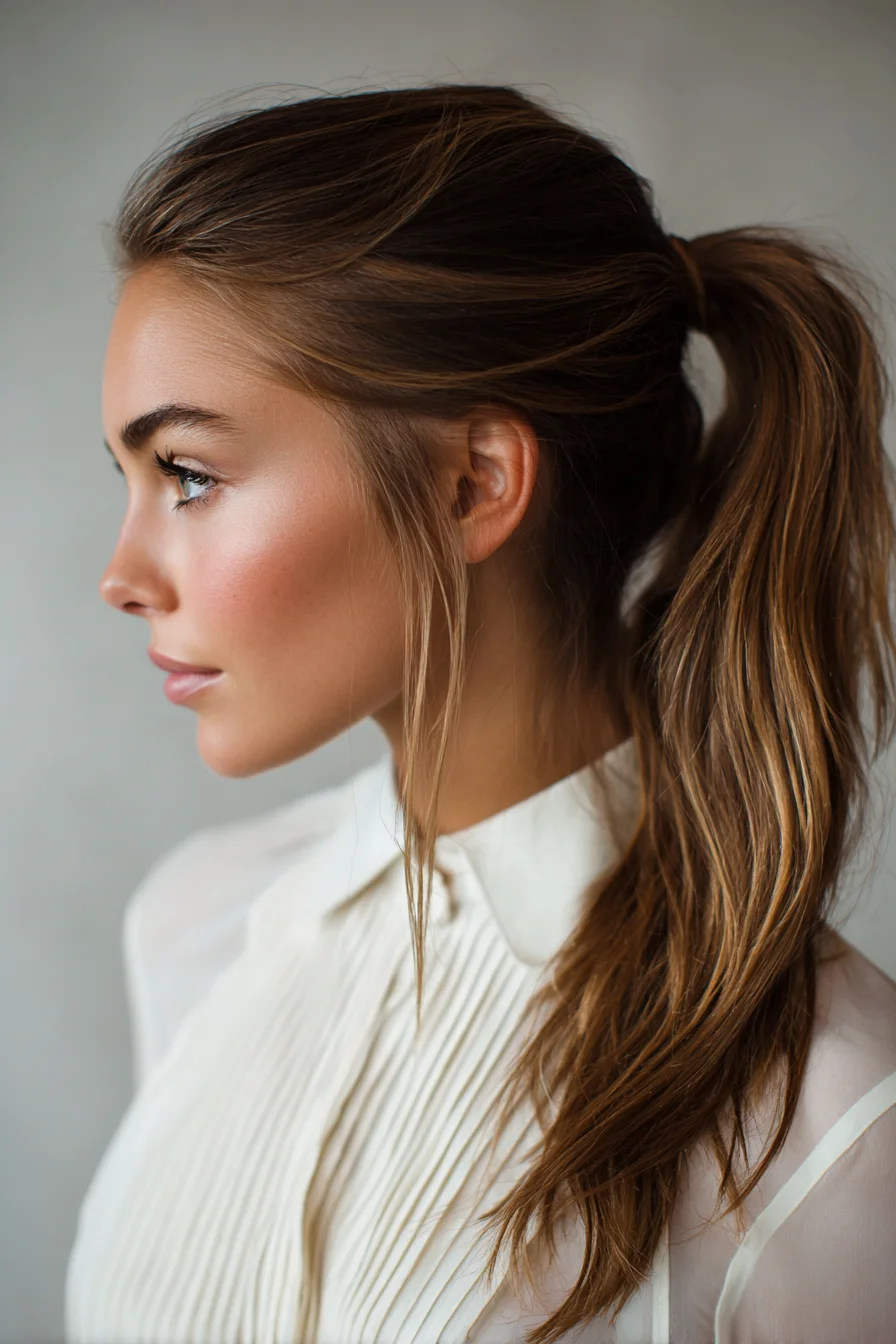 Textured Mid‑High Ponytail with Soft Face‑Framing Pieces