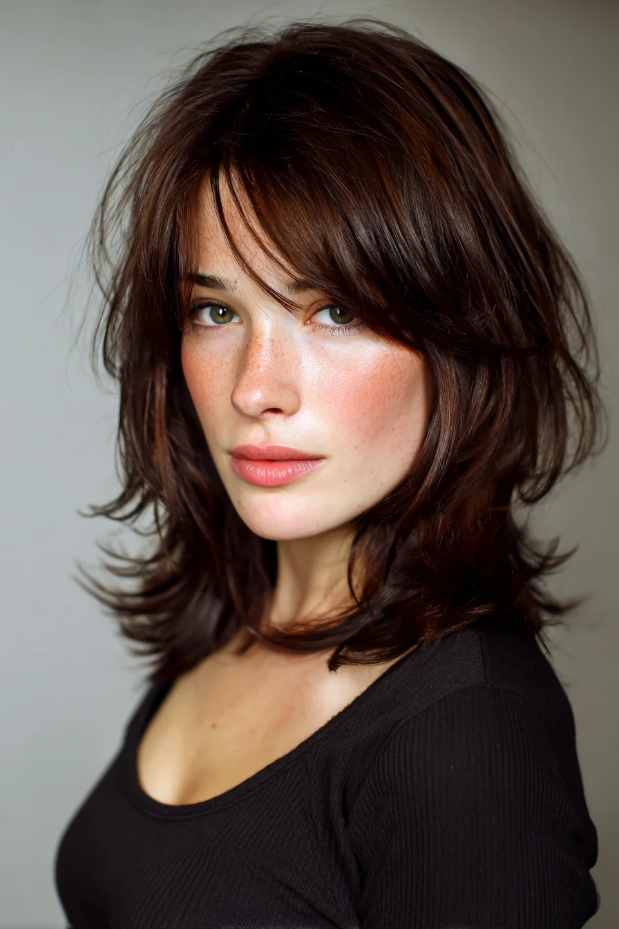 Textured Mid-Length Shag with Curtain Bangs & Feathered Ends