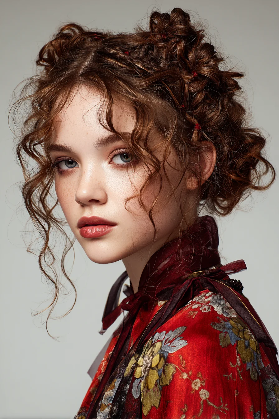 Textured Mini Buns with Loose Curly Face-Framing Tendrils