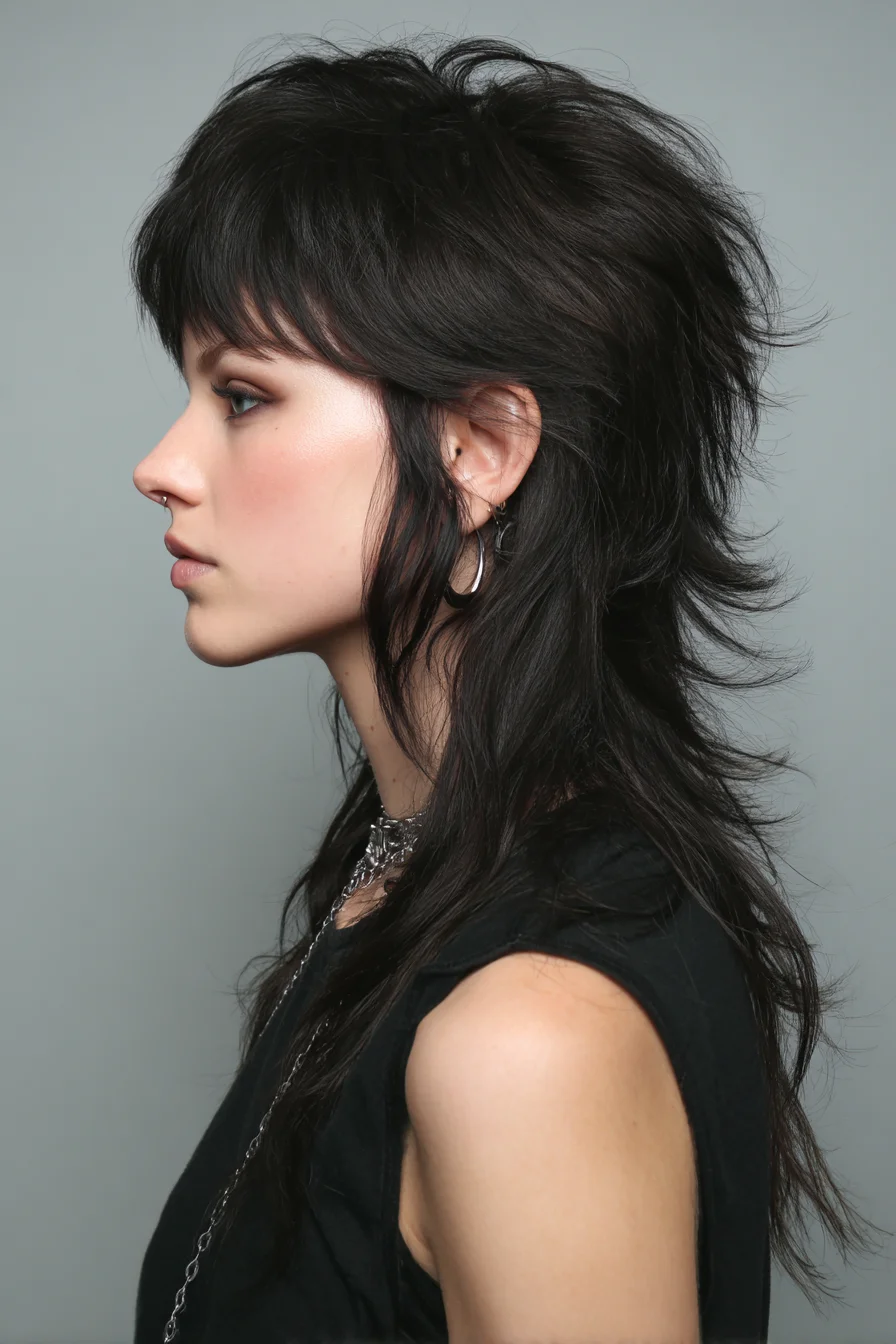 Textured Modern Shag Mullet with Short Fringe and Feathered Layers