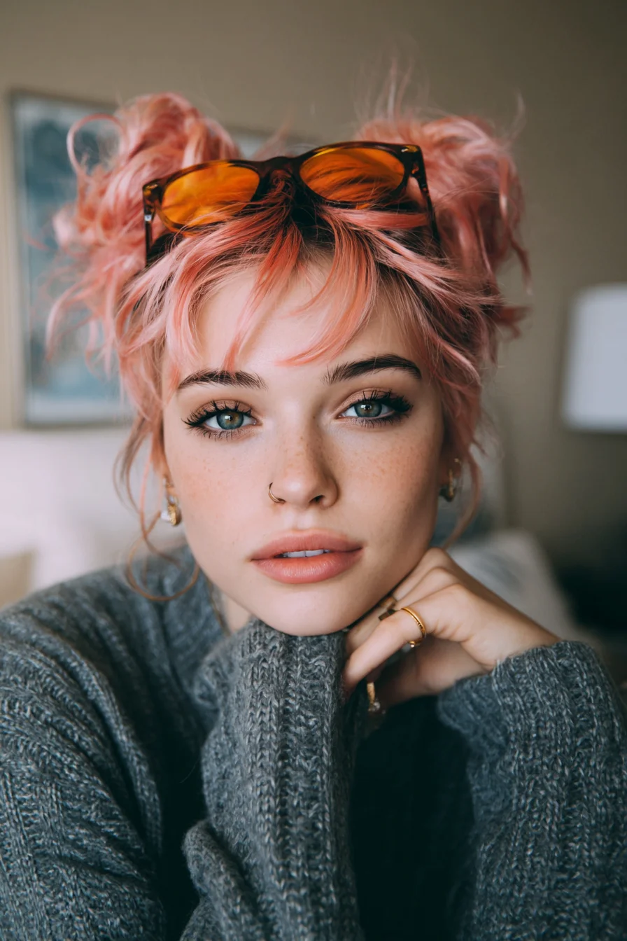 Textured Pastel Pink Double Buns with Wispy Curtain Bangs