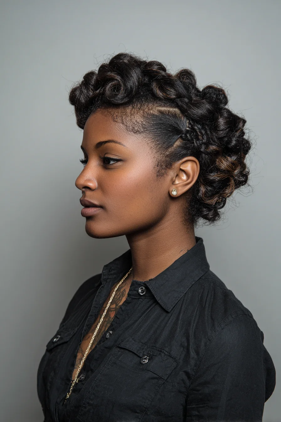 Textured Pin-Curl Updo with Side Braid — Ideal for Type 3–4 Natural Hair