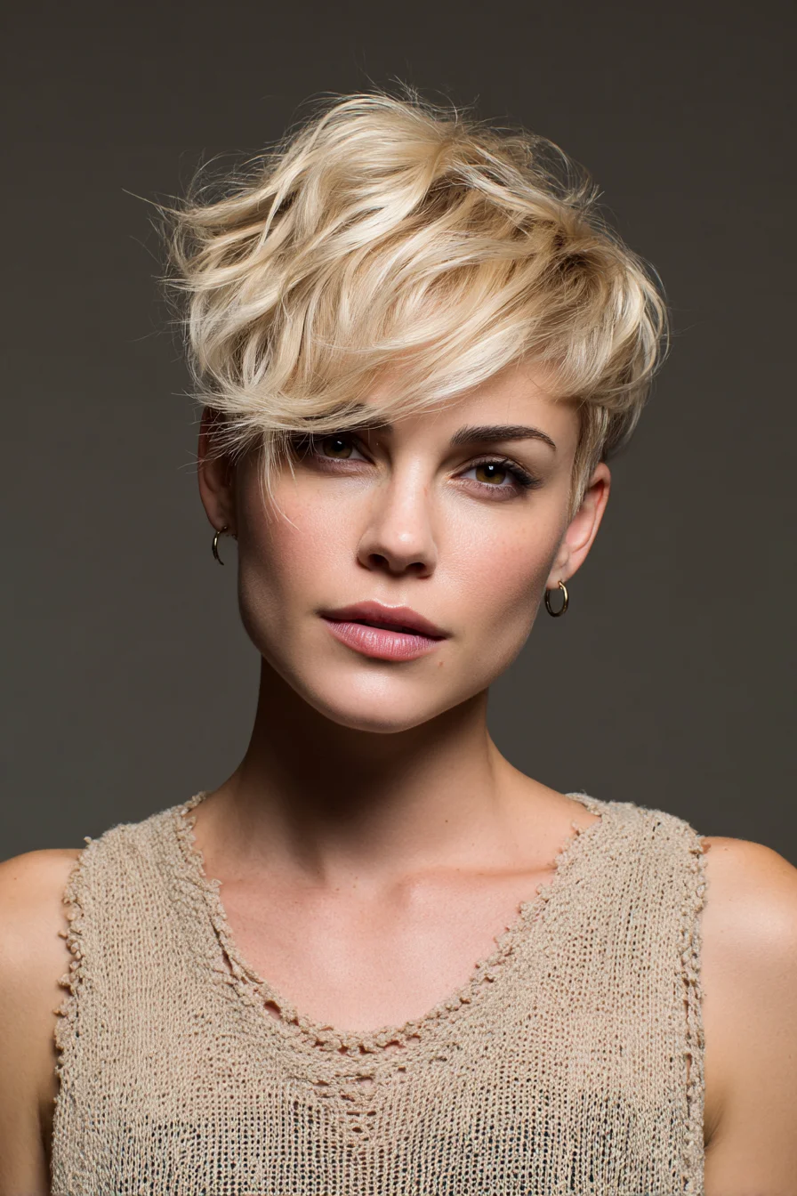 Textured Pixie with Side-Swept Fringe — Short Layered Blonde Cut