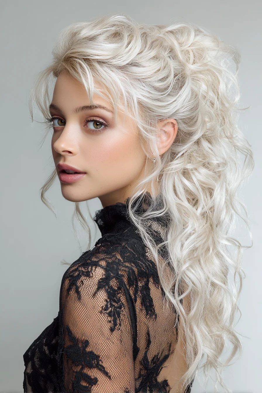 Textured Platinum Blonde Curly Half-Up Ponytail with Face-Framing Layers