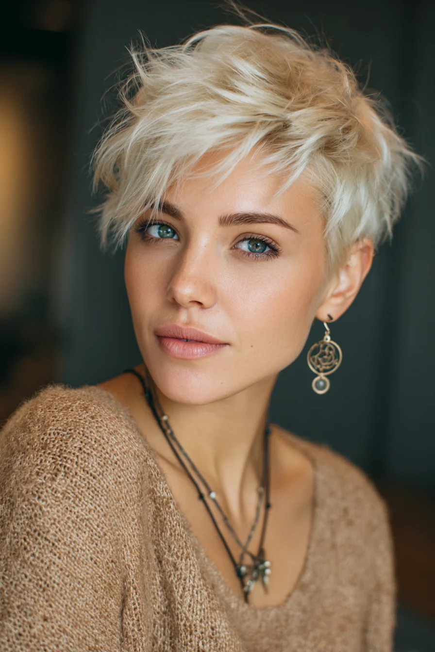 Textured Platinum Blonde Pixie with Choppy Fringe
