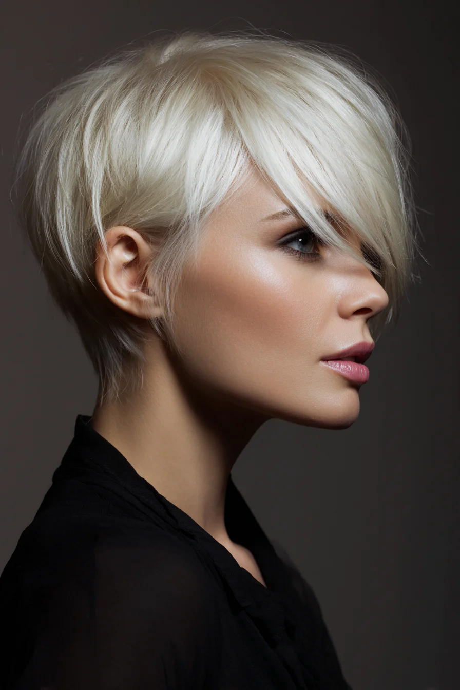 Textured Platinum Blonde Pixie with Long Side-Swept Fringe