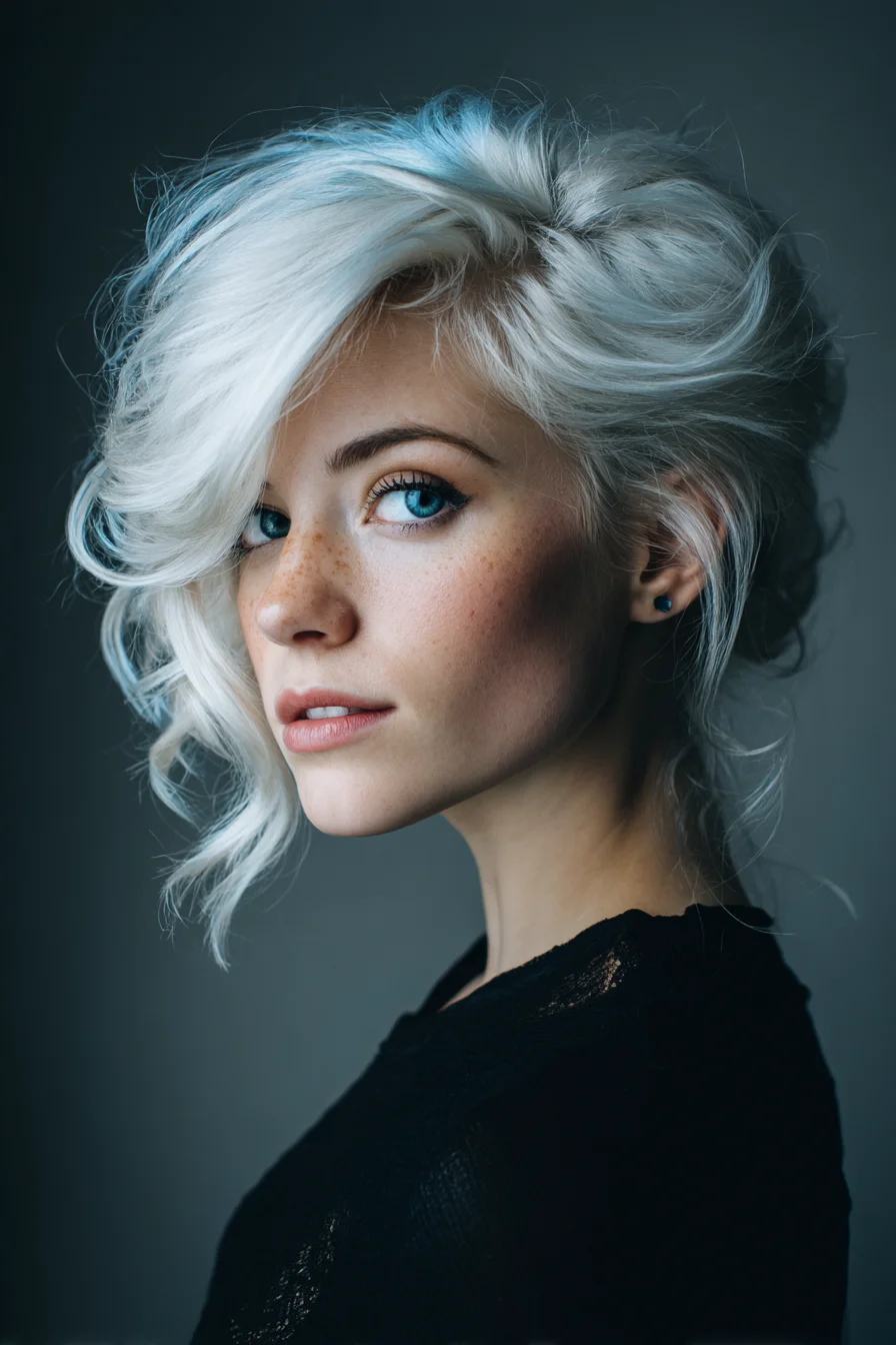 Textured Platinum Blonde Updo with Face‑Framing Waves