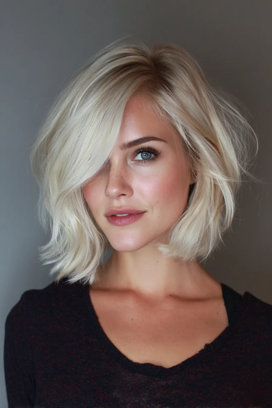 Textured Platinum Lob with Side-Swept Fringe — Soft Layered Bob