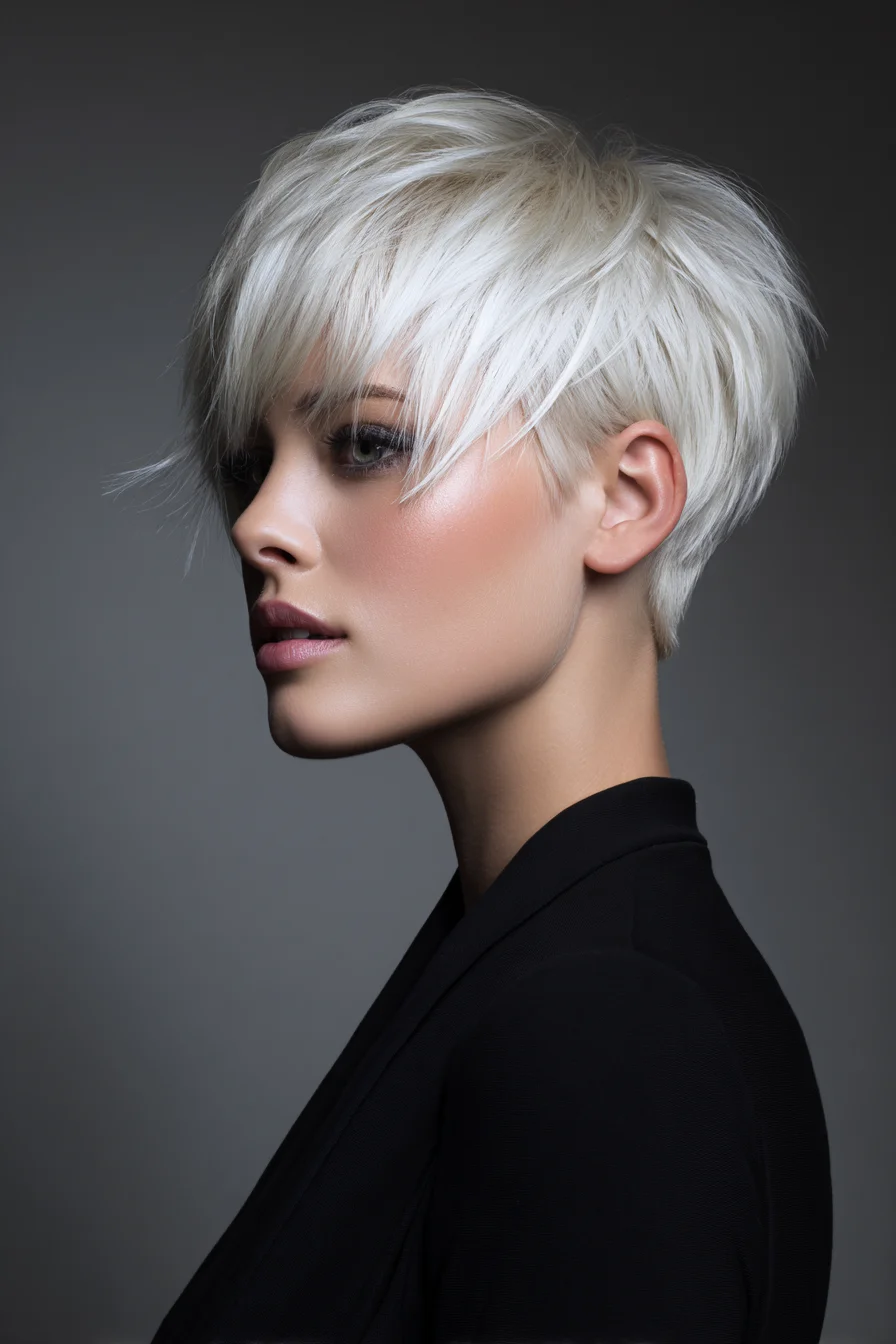 Textured Platinum Pixie Cut with Side-Swept Fringe