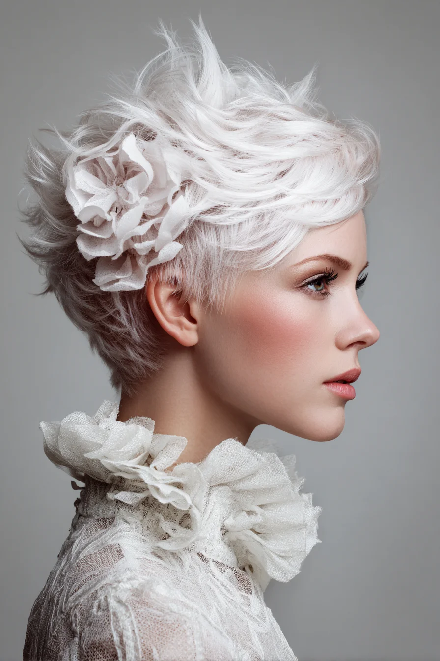 Textured Platinum Pixie with Soft Floral Accent