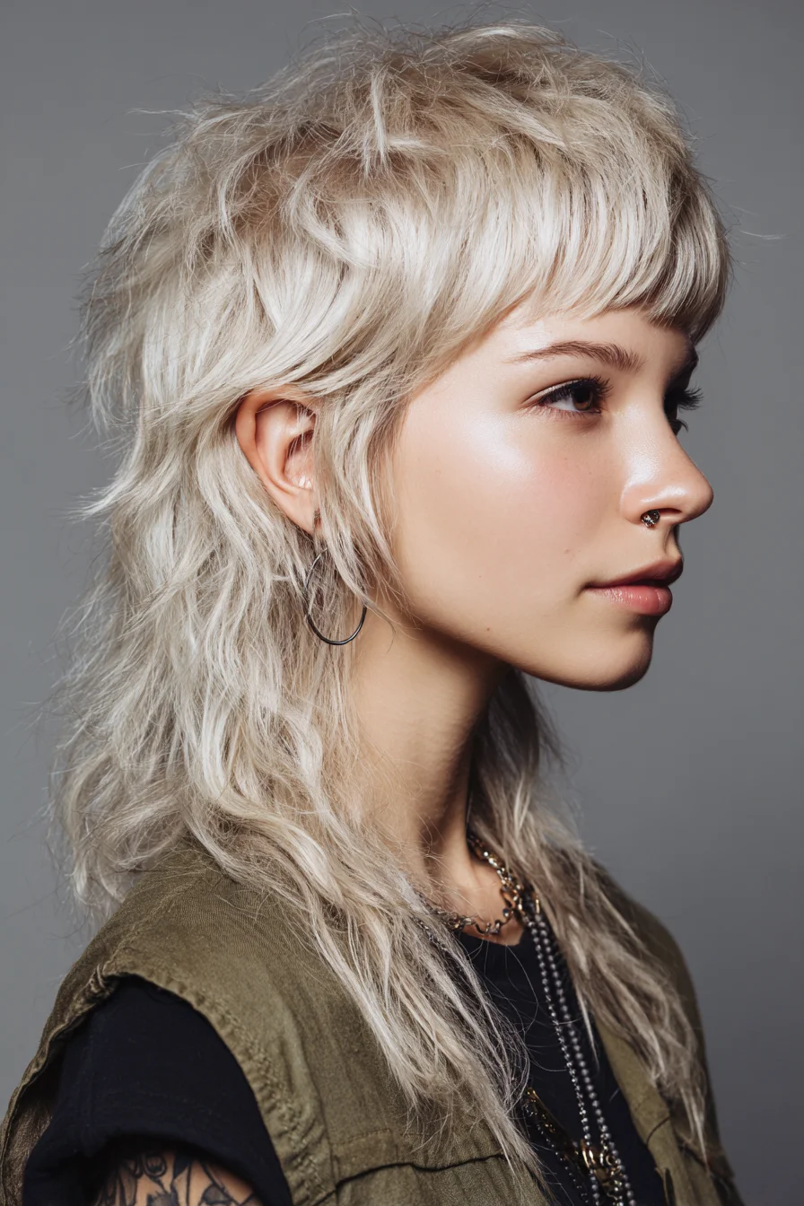 Textured Platinum Shag Mullet with Short Blunt Fringe