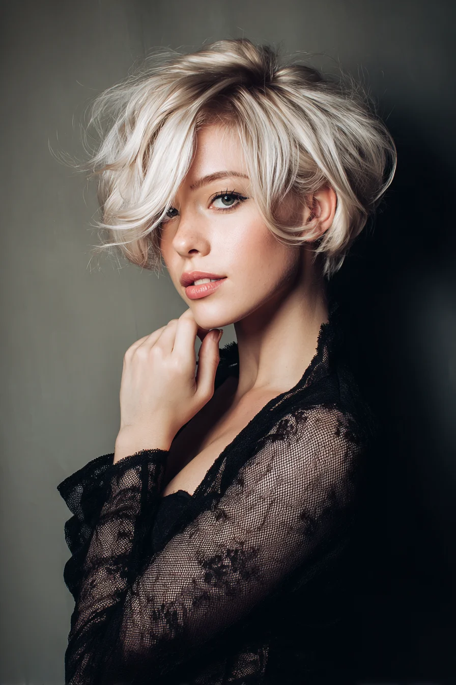 Textured Platinum Short Bob with Side-Swept Fringe