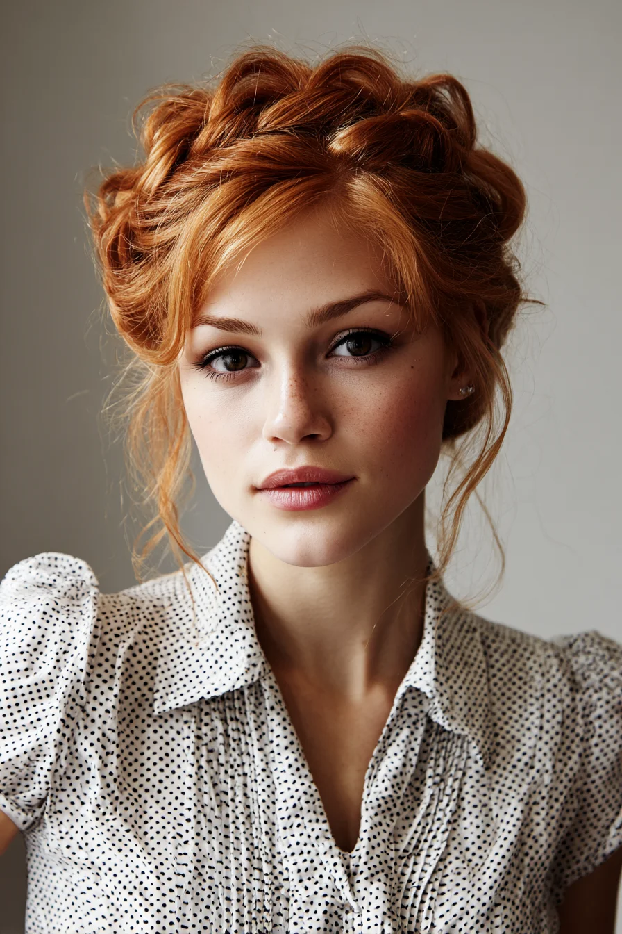 Textured Red Crown Updo with Loose Face‑Framing Tendrils