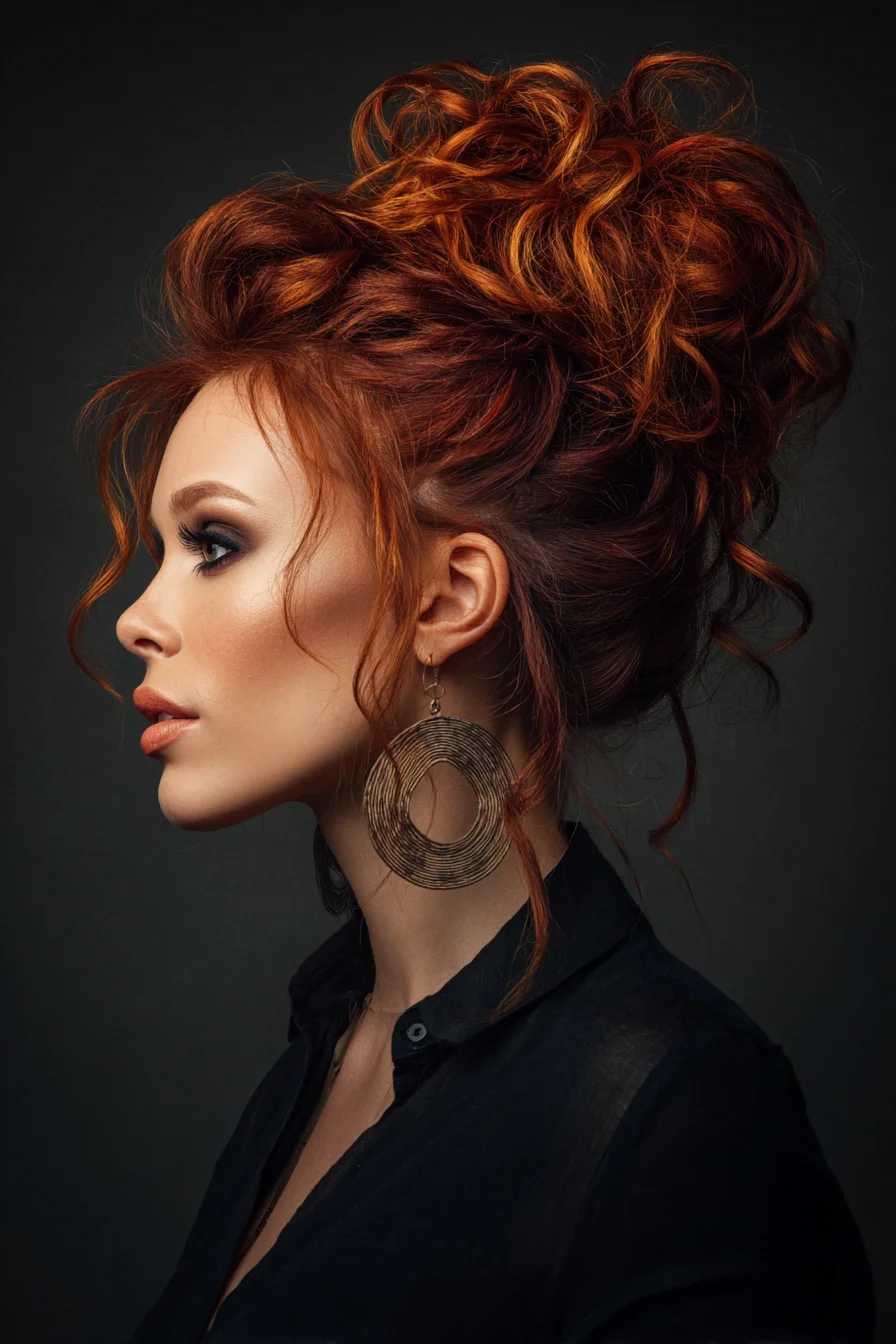 Textured Red Curly Messy Updo with Face‑Framing Tendrils