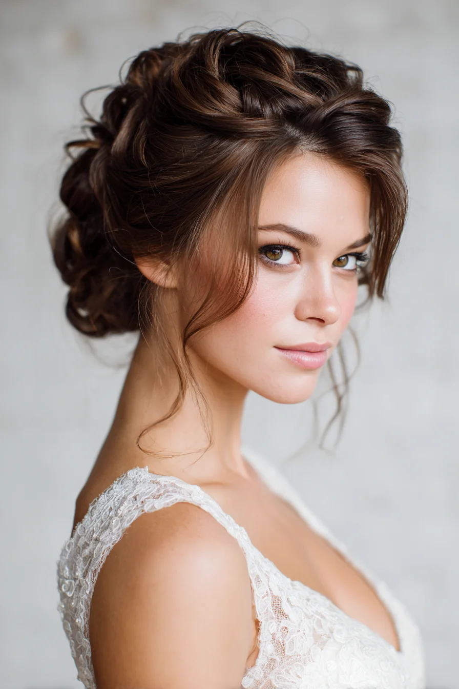 Textured Romantic Braided Low Updo with Soft Face‑Framing Tendrils