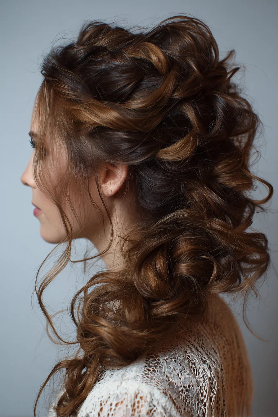Textured Romantic Braided Side Updo with Loose Curls