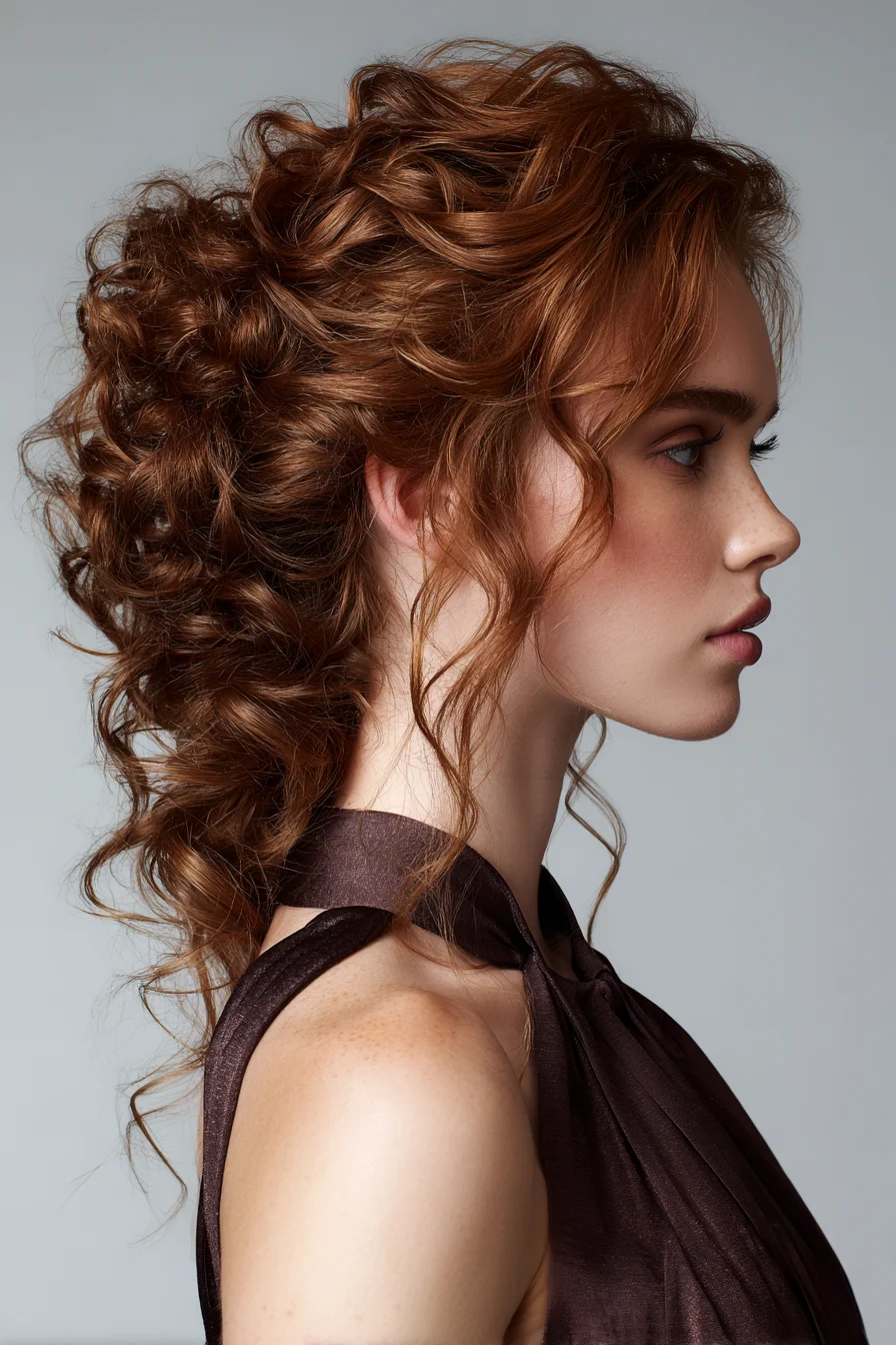 Textured Romantic Curly Updo with Face‑Framing Tendrils