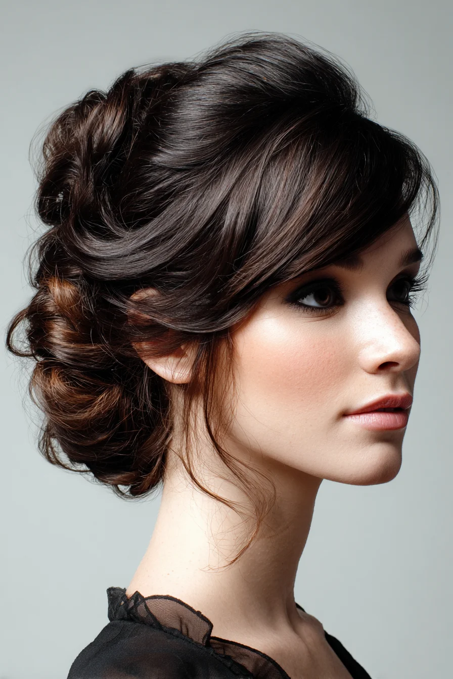 Textured Romantic Low Chignon Updo with Soft Side-Swept Fringe