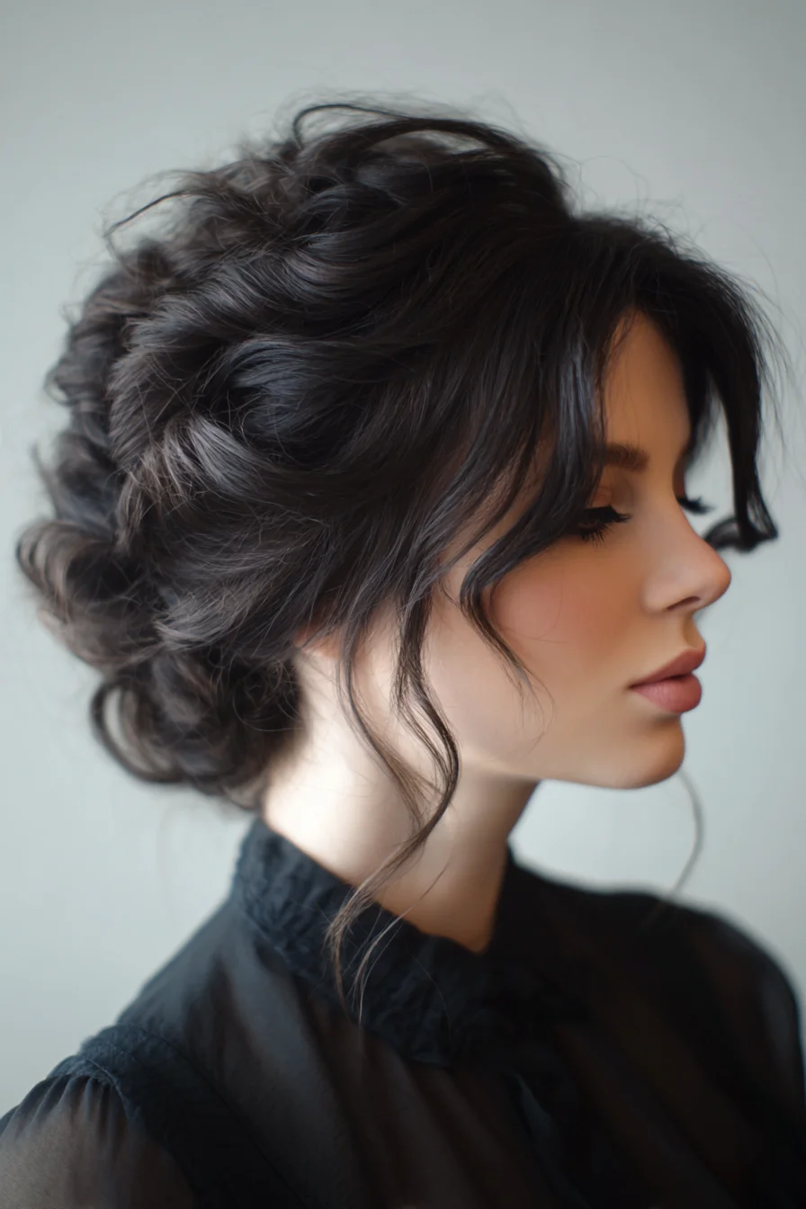 Textured Romantic Low Updo with Soft Face‑Framing Tendrils