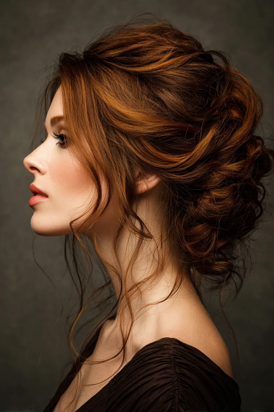 Textured Romantic Messy Low Updo with Loose Face‑Framing Tendrils